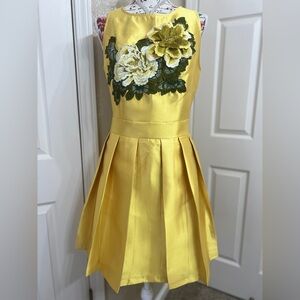 Yellow Embellished Pleated A-Line Dress